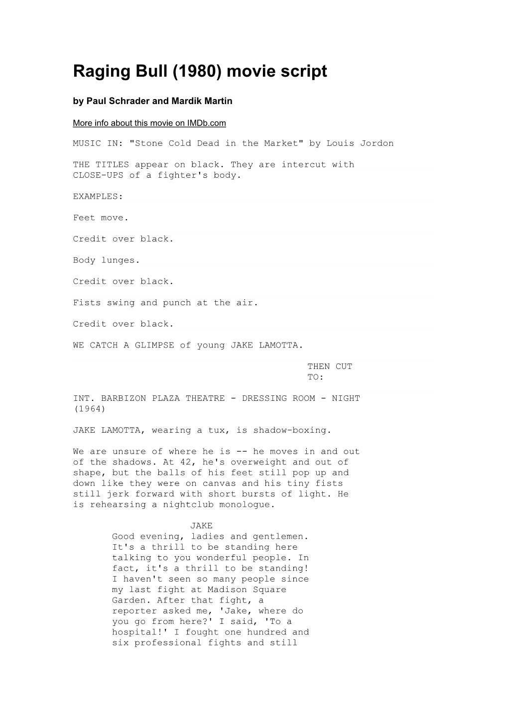 Raging Bull (1980) Movie Script by Paul Schrader and Mardik Martin