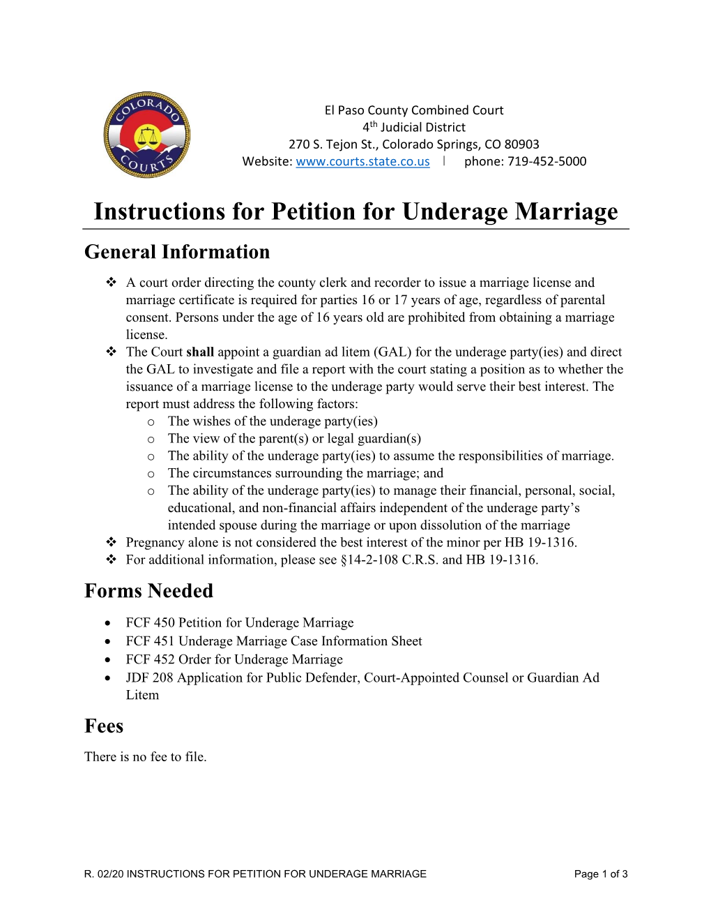 Instructions and Forms for Petition for Underage Marriage