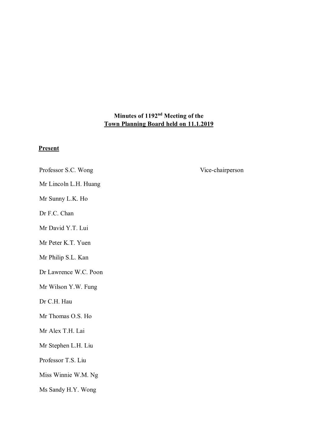 Minutes of 1192Nd Meeting of the Town Planning Board Held on 11.1.2019