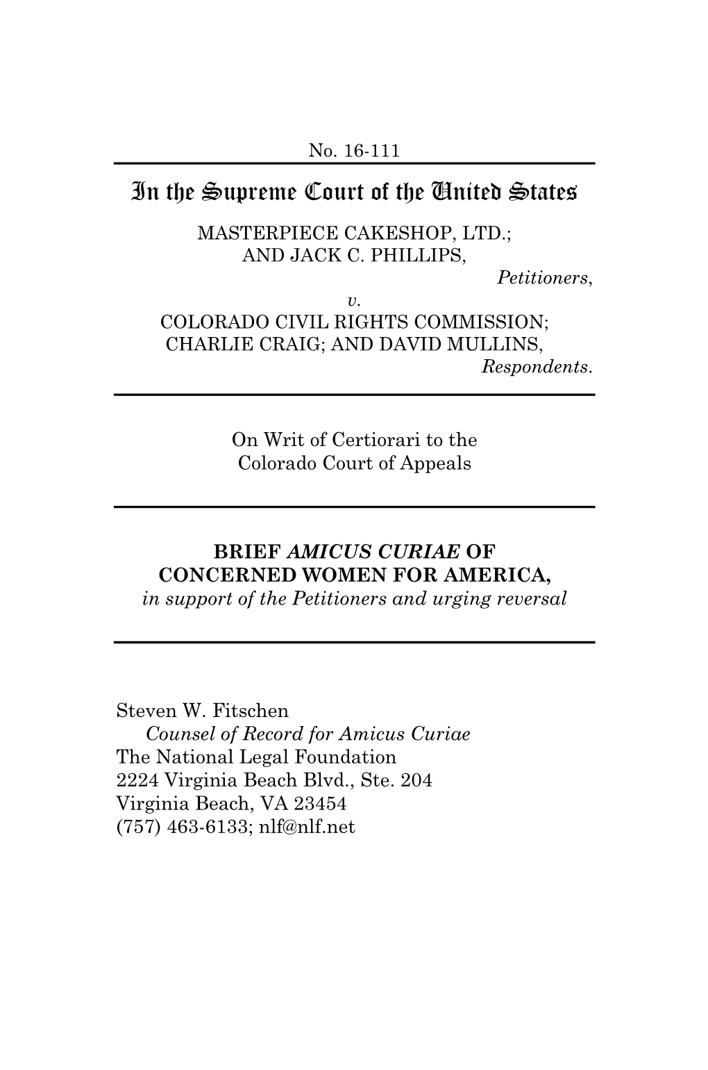 AMICUS CURIAE of CONCERNED WOMEN for AMERICA, in Support of the Petitioners and Urging Reversal