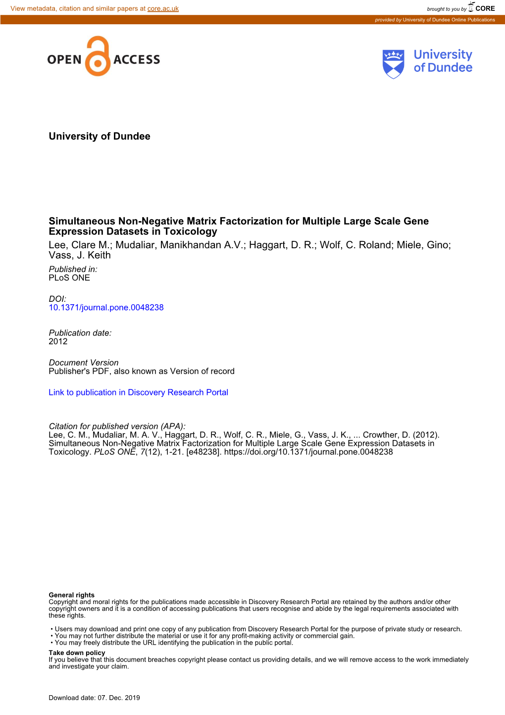 University of Dundee Simultaneous Non-Negative Matrix Factorization for Multiple Large Scale Gene Expression Datasets in Toxicol