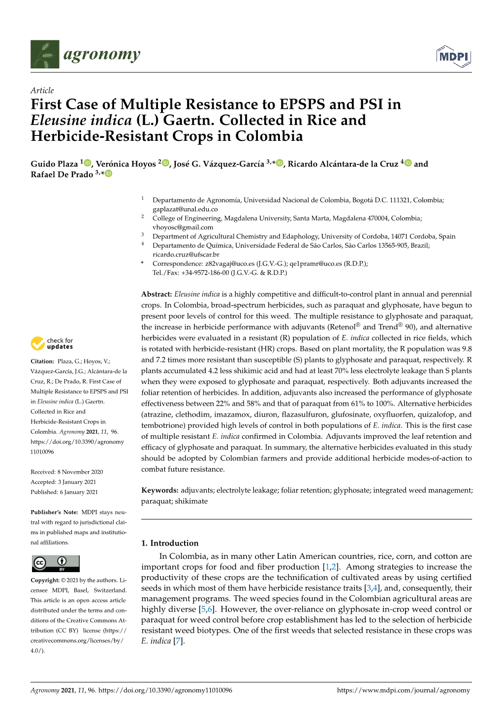 First Case of Multiple Resistance to EPSPS and PSI in Eleusine Indica (L.) Gaertn