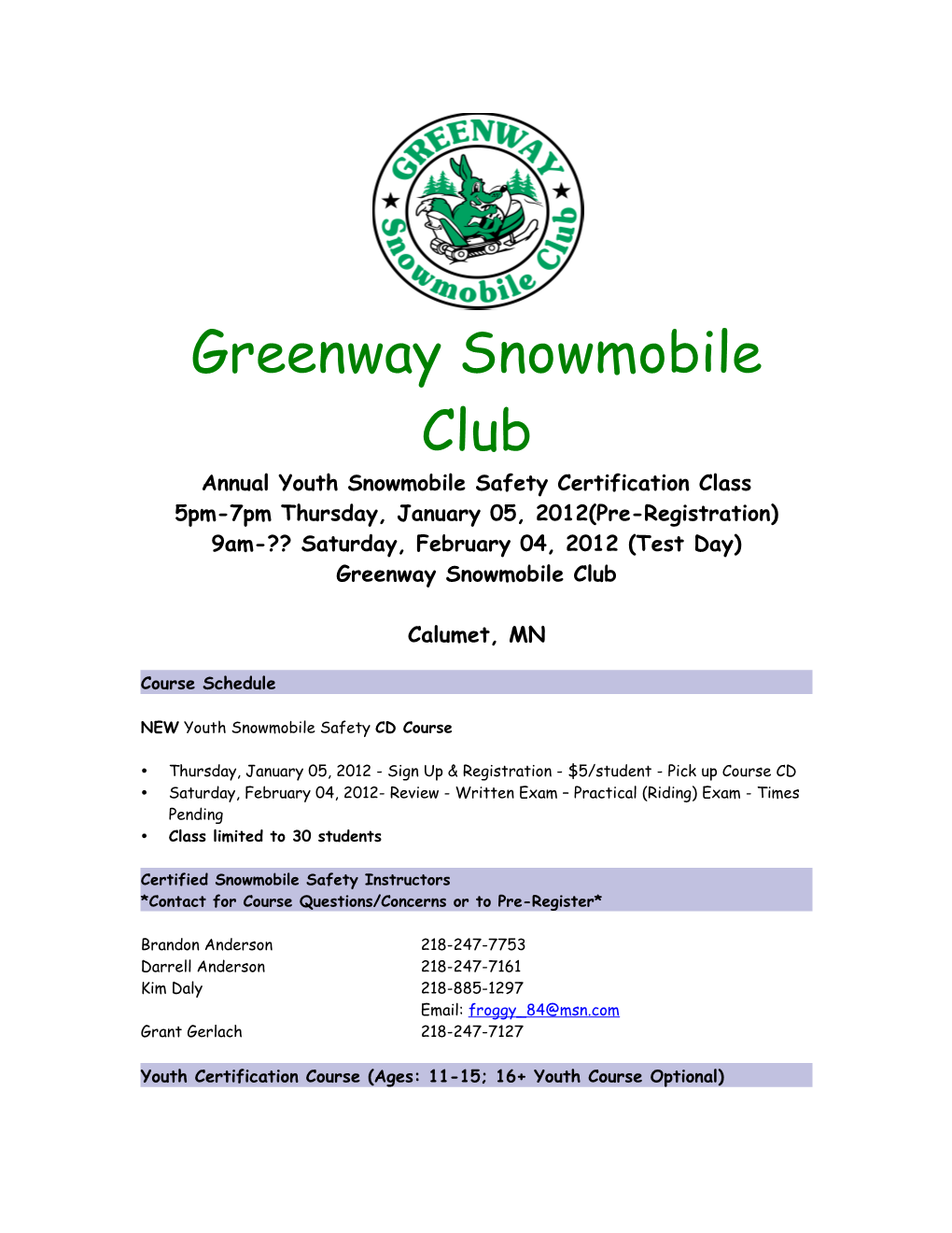 Annual Youth Snowmobile Safety Certification Class