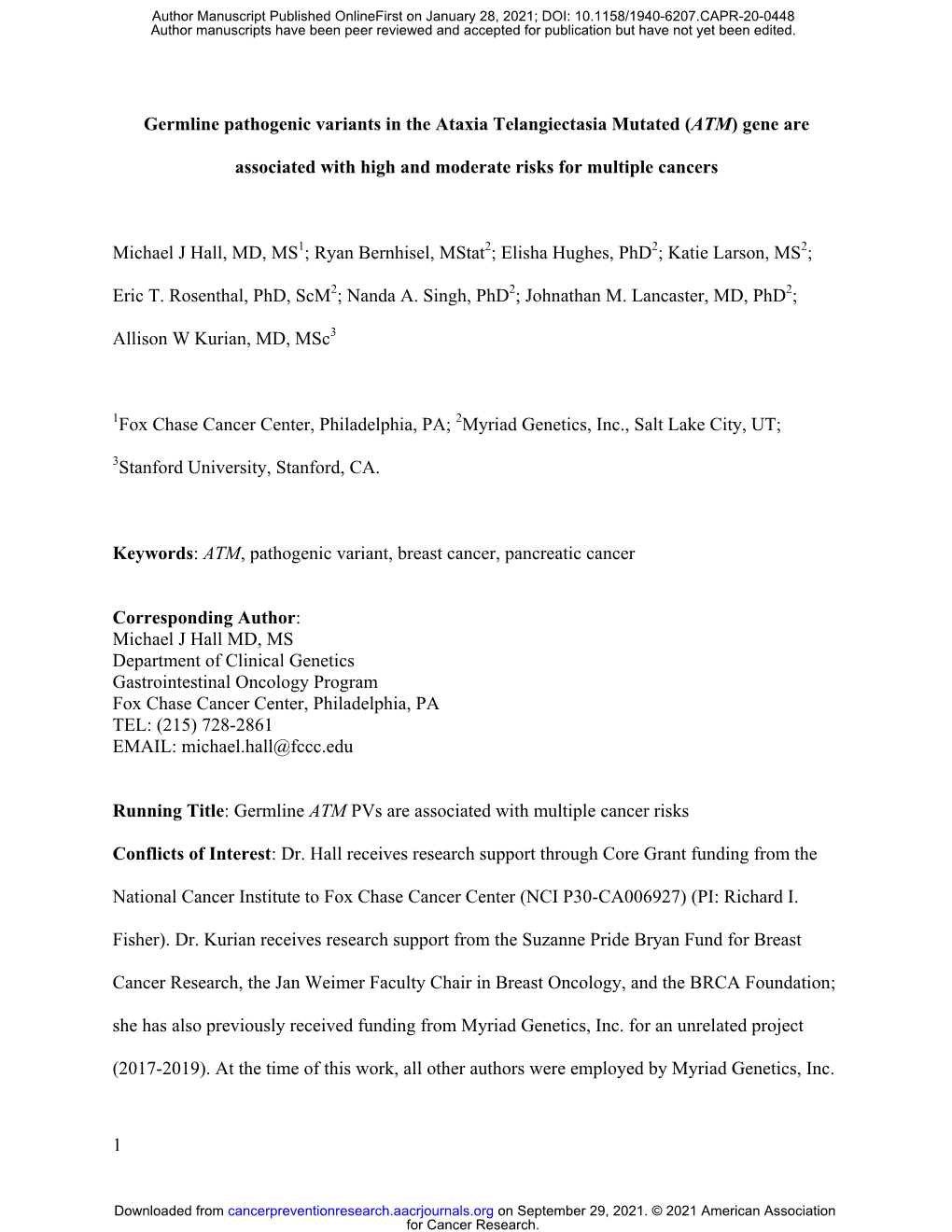 Germline Pathogenic Variants in the Ataxia Telangiectasia Mutated (ATM) Gene Are