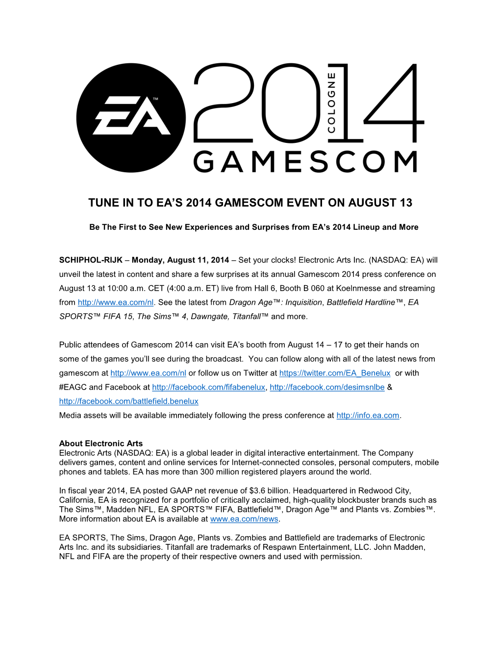 Tune in to Ea's 2014 Gamescom Event on August 13