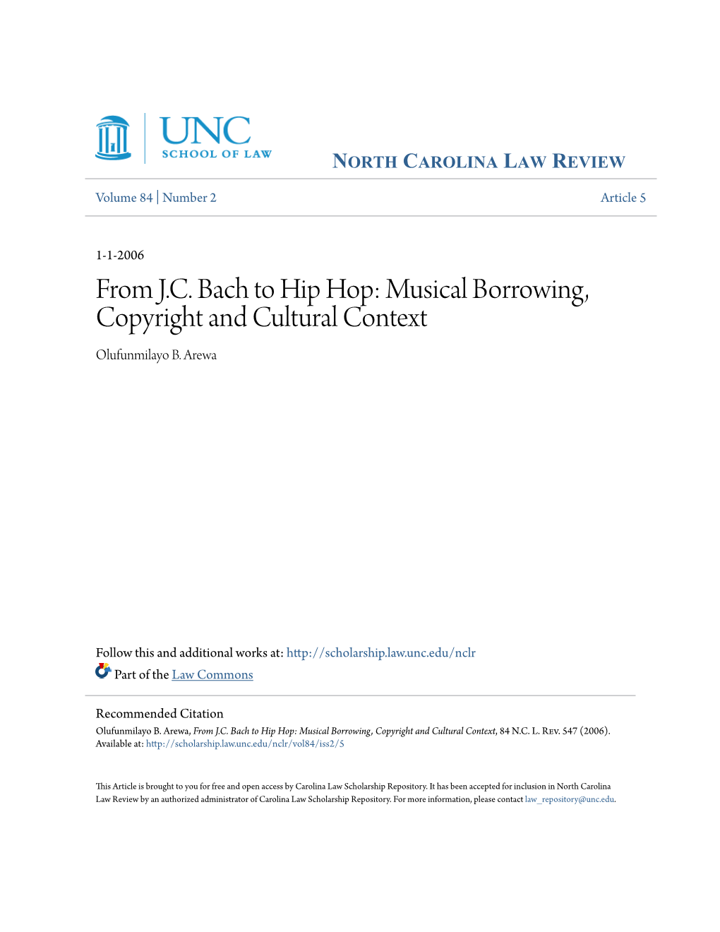 From J.C. Bach to Hip Hop: Musical Borrowing, Copyright and Cultural Context Olufunmilayo B