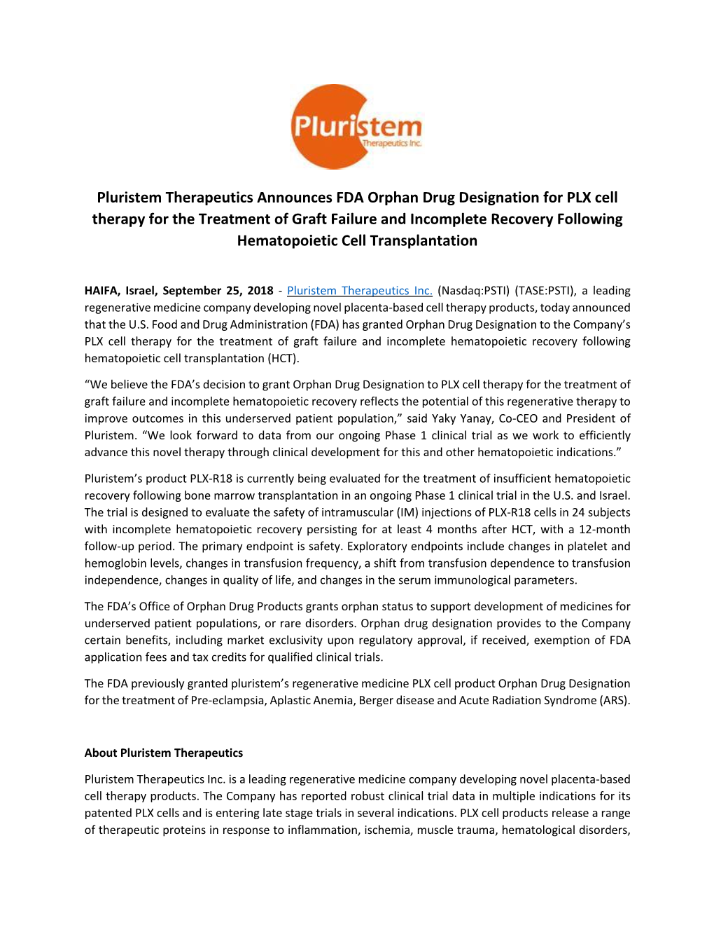 Pluristem Therapeutics Announces FDA Orphan Drug Designation for PLX Cell Therapy for the Treatment of Graft Failure and Incompl