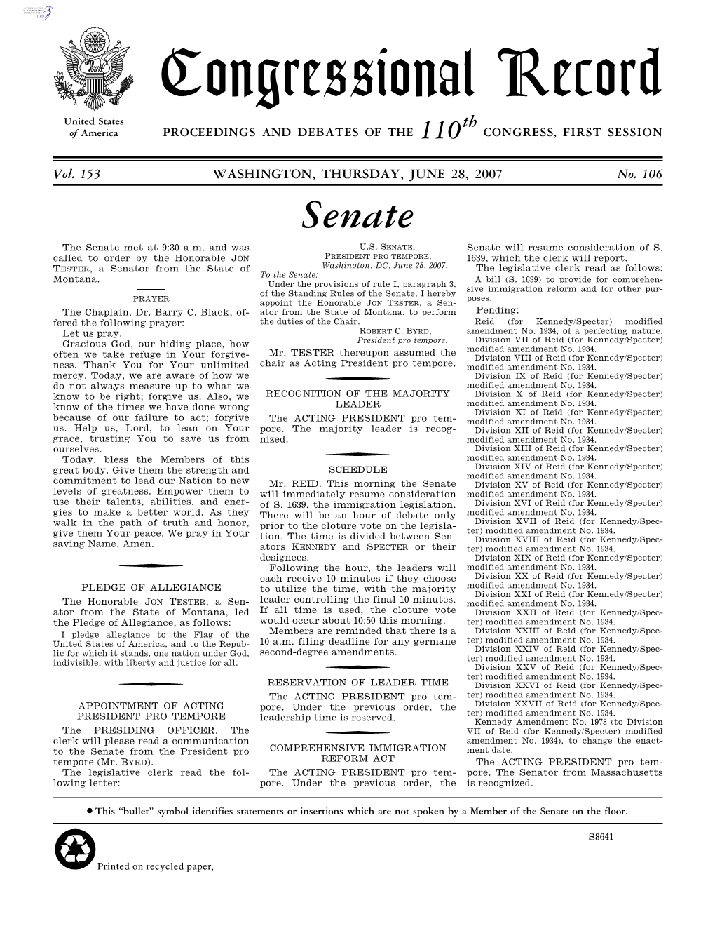 Congressional Record United States Th of America PROCEEDINGS and DEBATES of the 110 CONGRESS, FIRST SESSION