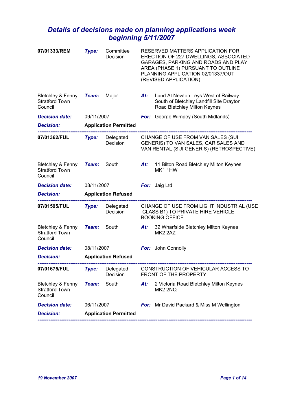 Details of Decisions Made on Planning Applications Week Beginning 5/11/2007