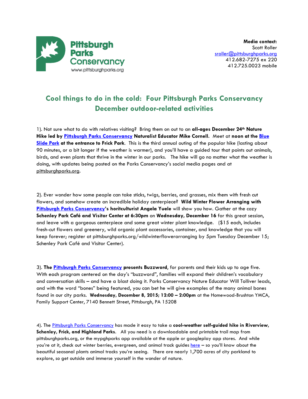 Four Pittsburgh Parks Conservancy December Outdoor-Related Activities