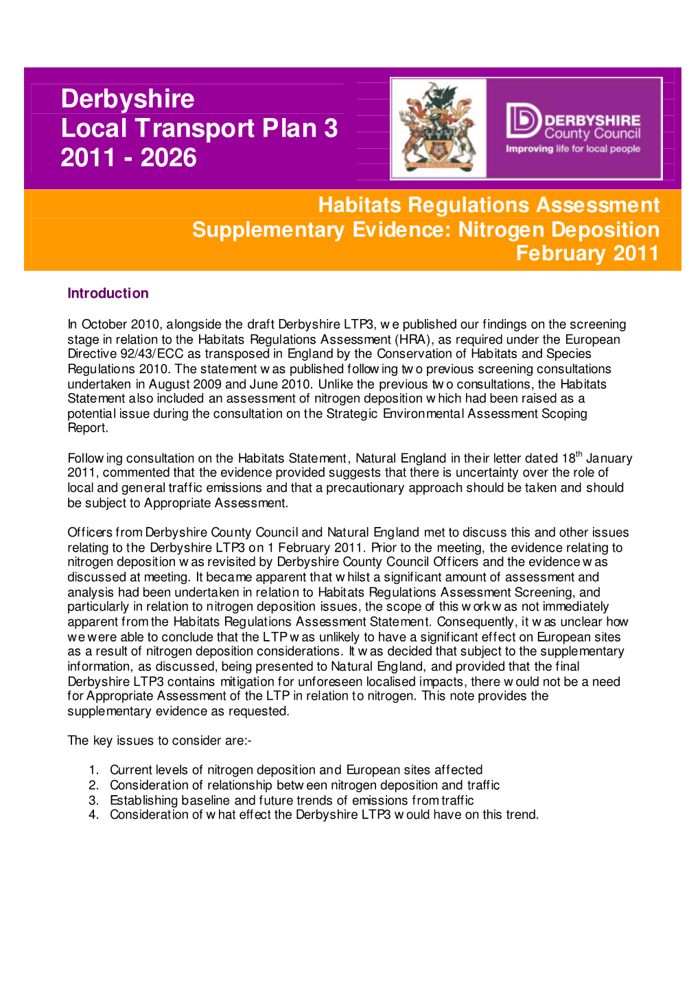 Habitats Regulations Assessment Supplementary Evidence: Nitrogen Deposition February 2011