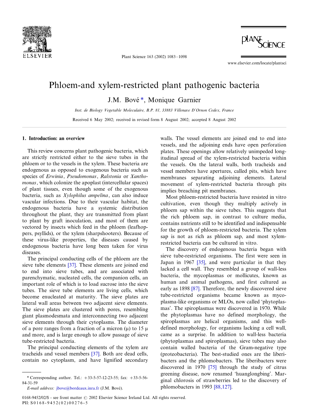 Phloem-And Xylem-Restricted Plant Pathogenic Bacteria