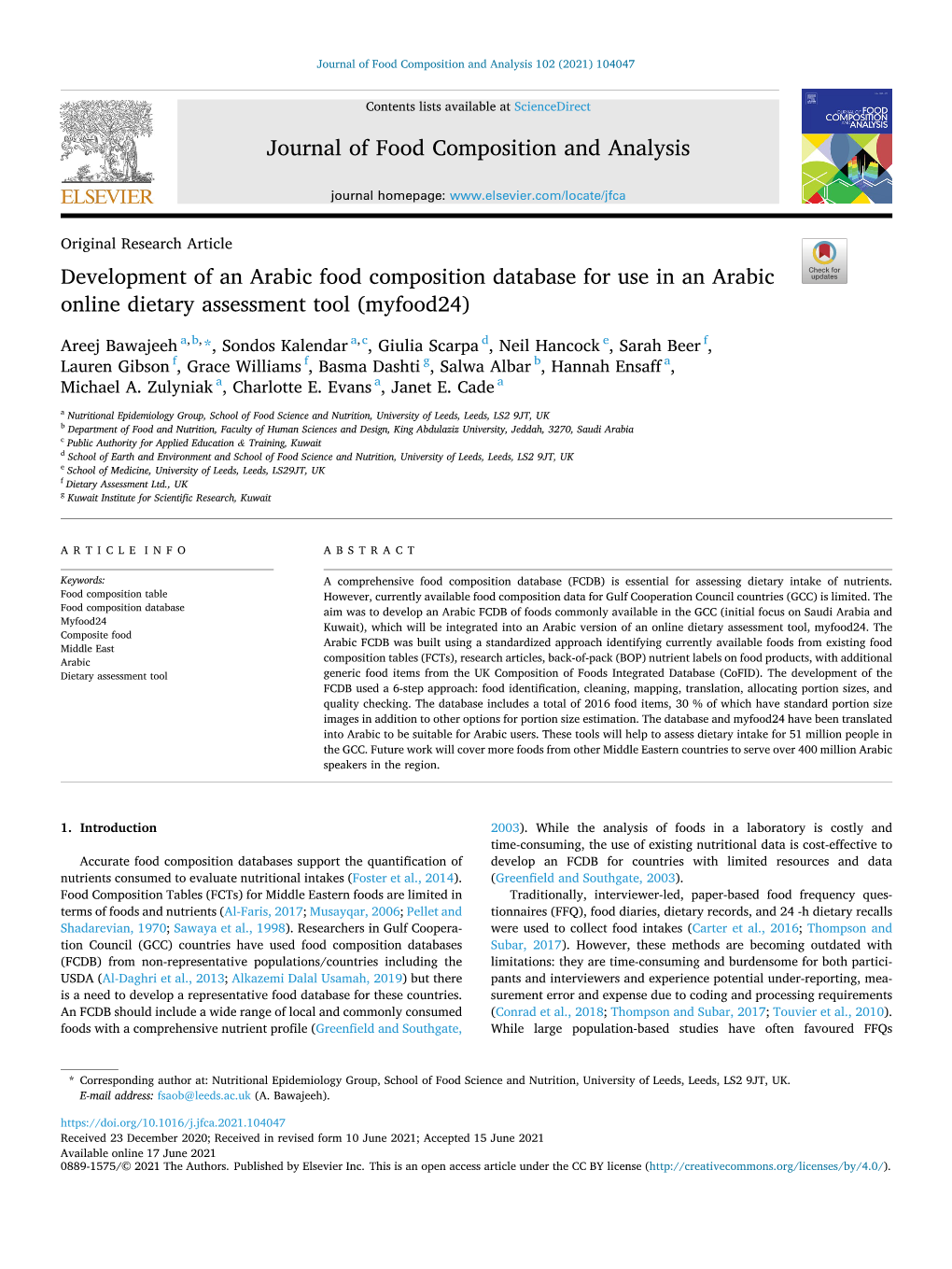 Development of an Arabic Food Composition Database for Use in an Arabic Online Dietary Assessment Tool (Myfood24)