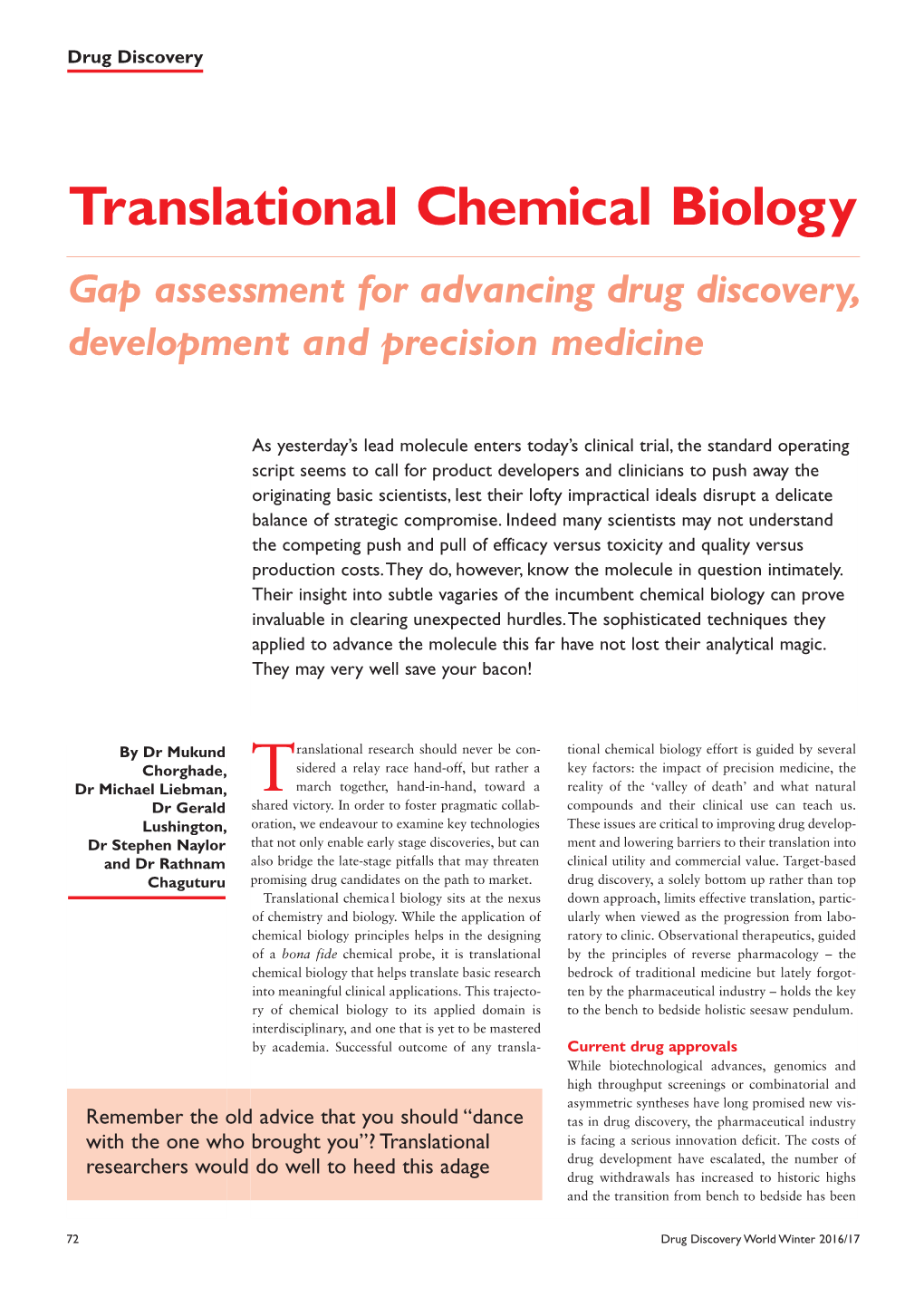 Translational Chemical Biology Gap Assessment for Advancing Drug Discovery, Development and Precision Medicine
