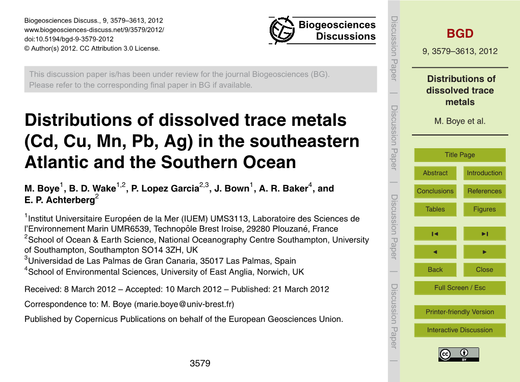 Distributions of Dissolved Trace Metals M