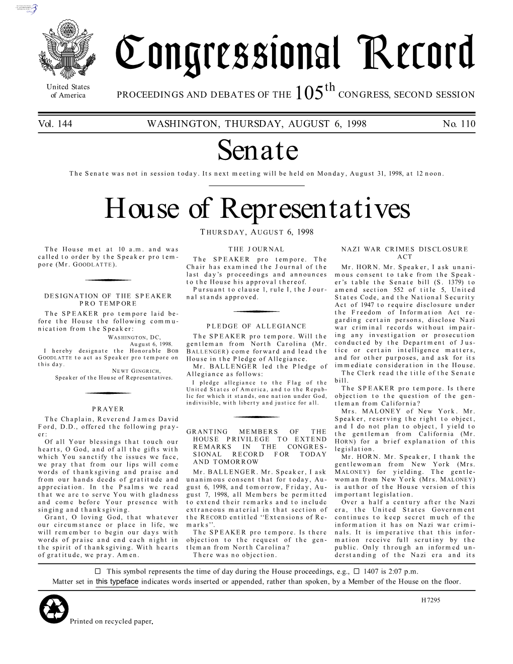 Congressional Record United States Th of America PROCEEDINGS and DEBATES of the 105 CONGRESS, SECOND SESSION