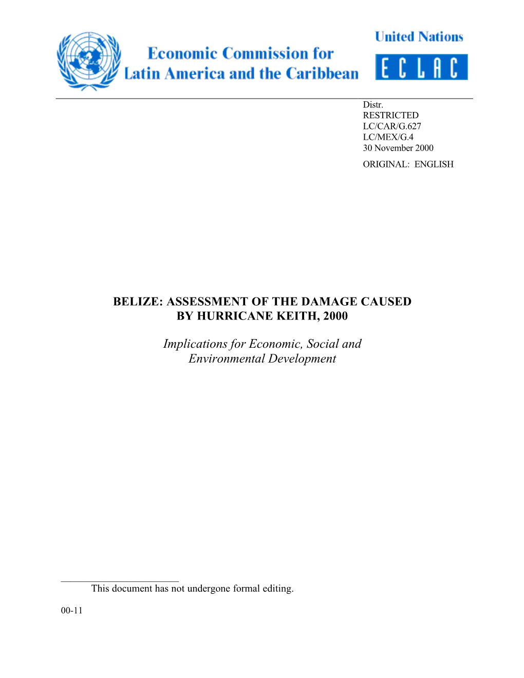 Belize: Assessment of the Damage Caused by Hurricane Keith, 2000