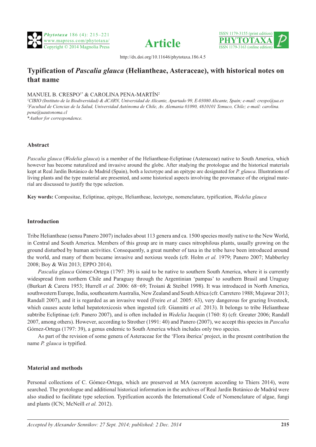 Typification of Pascalia Glauca (Heliantheae, Asteraceae), with Historical Notes on That Name