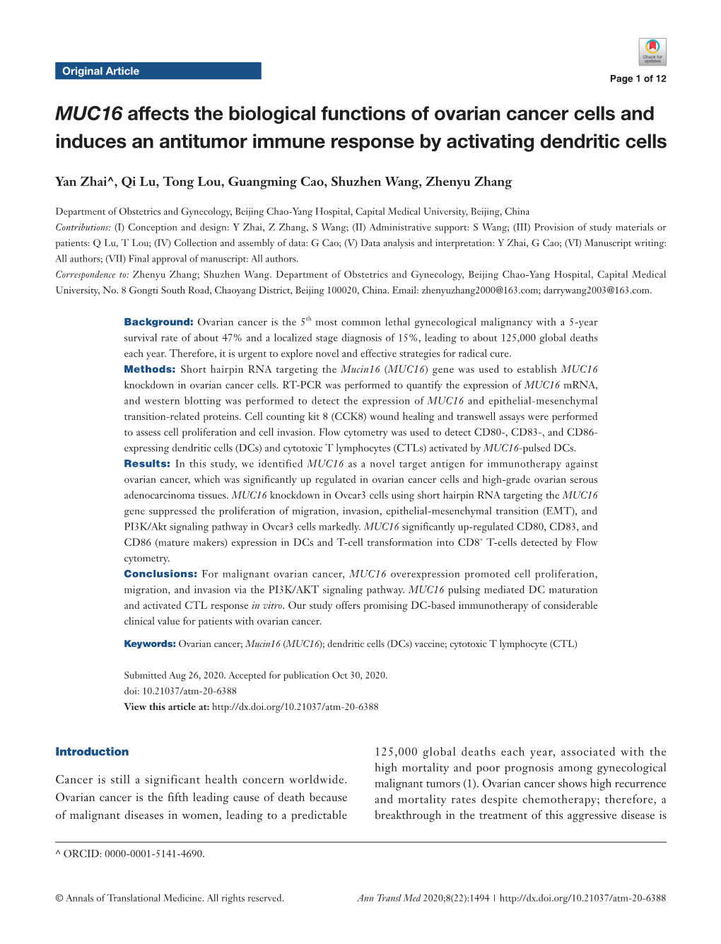 MUC16 Affects the Biological Functions of Ovarian Cancer Cells and Induces an Antitumor Immune Response by Activating Dendritic Cells