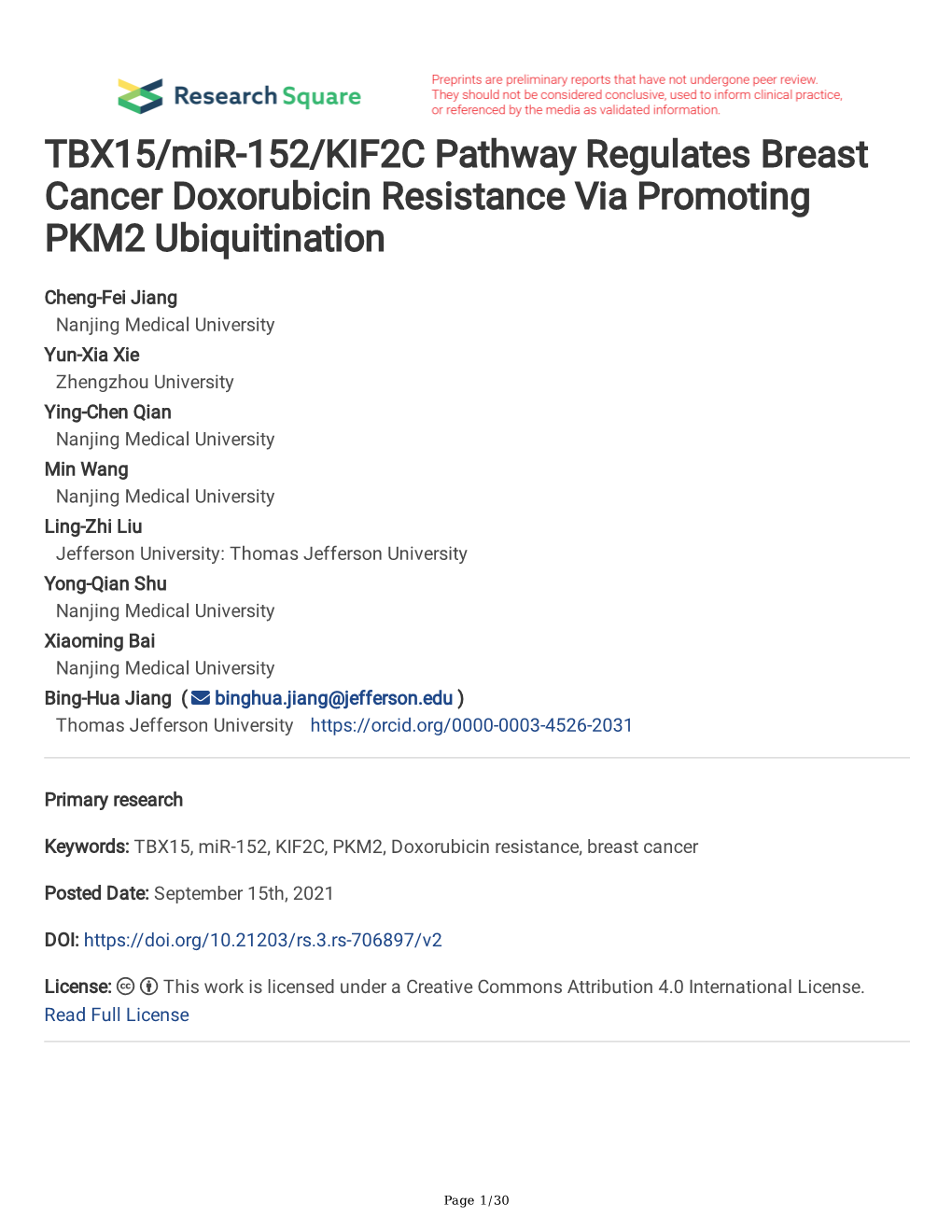 TBX15/Mir-152/KIF2C Pathway Regulates Breast Cancer Doxorubicin Resistance Via Promoting PKM2 Ubiquitination