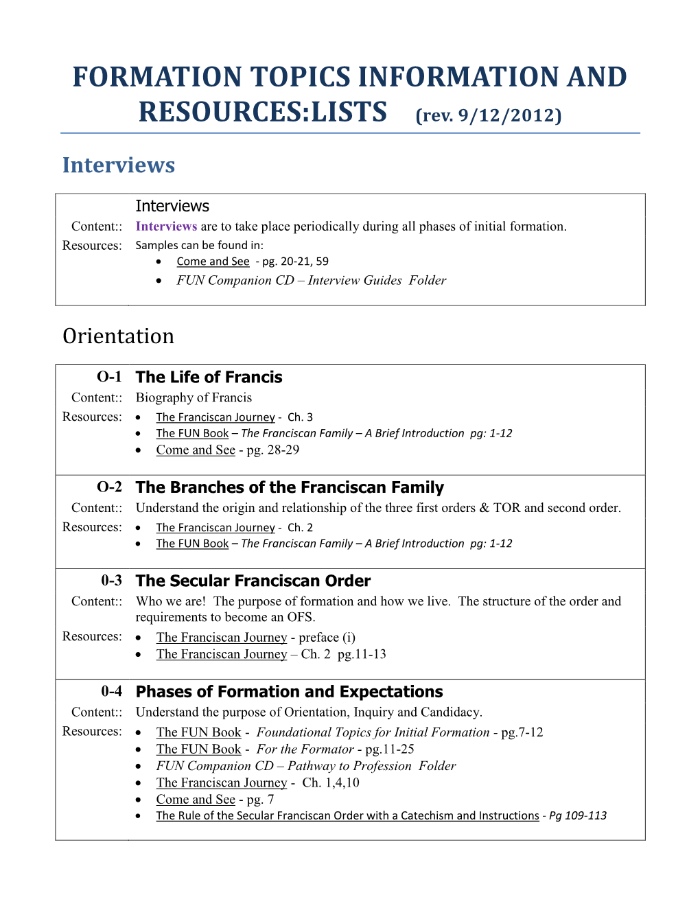 FORMATION TOPICS INFORMATION and RESOURCES:LISTS (Rev. 9/12/2012)