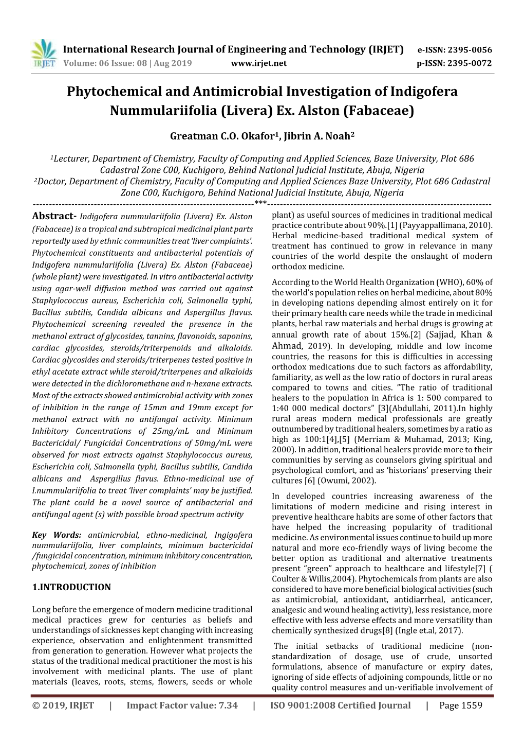 Phytochemical and Antimicrobial Investigation of Indigofera Nummulariifolia (Livera) Ex