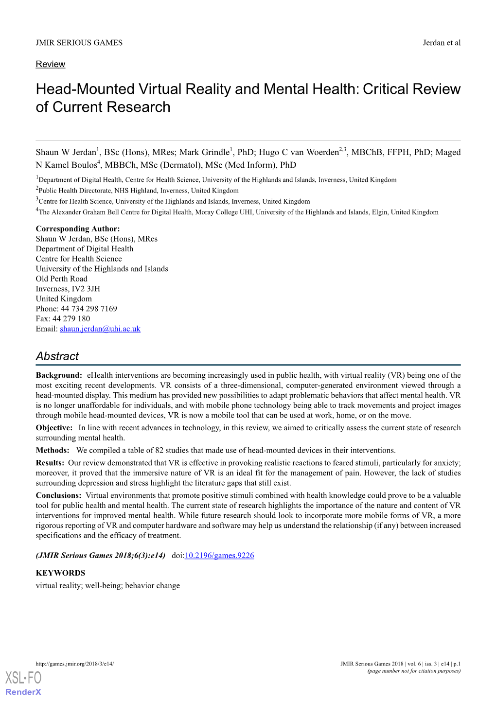 Head-Mounted Virtual Reality and Mental Health: Critical Review of Current Research