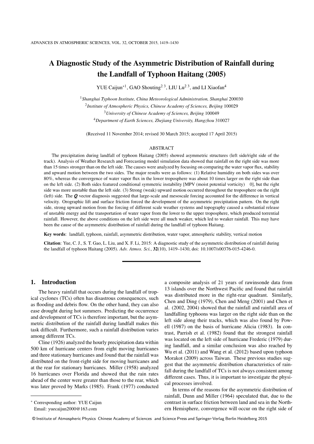 A Diagnostic Study of the Asymmetric Distribution of Rainfall During the Landfall of Typhoon Haitang (2005)
