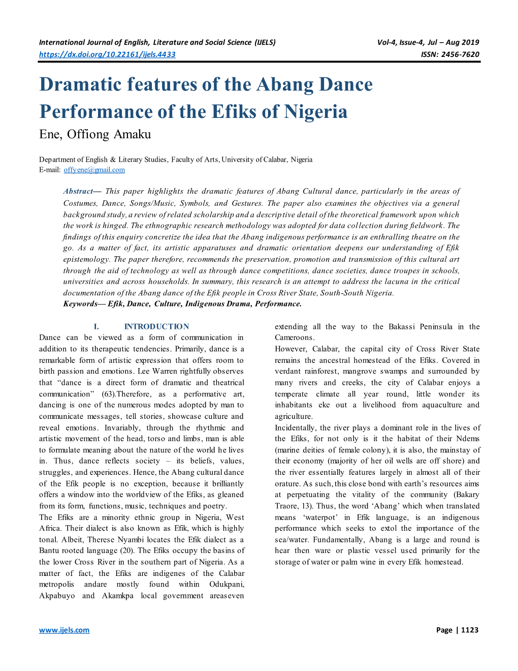 Dramatic Features of the Abang Dance Performance of the Efiks of Nigeria Ene, Offiong Amaku