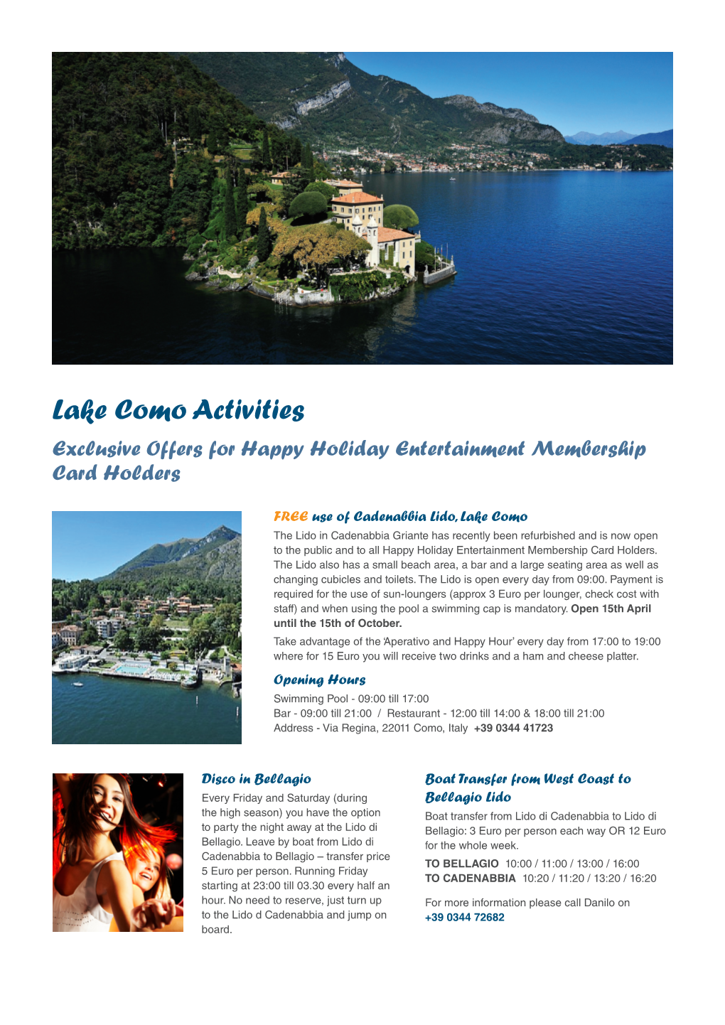 Lake Como Activities Exclusive Offers for Happy Holiday Entertainment Membership Card Holders