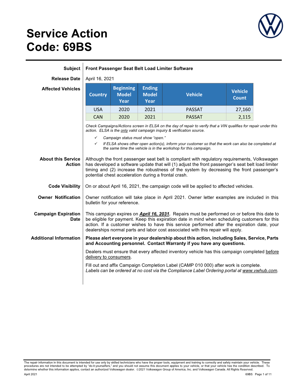 Service Action Code: 69BS