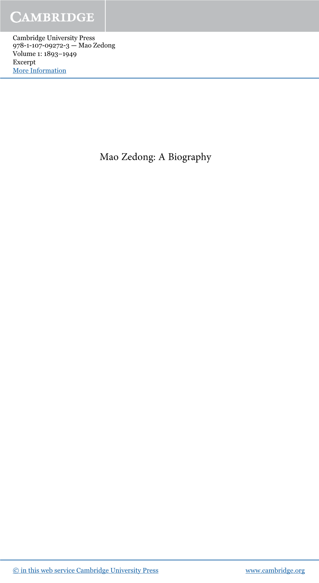 Mao Zedong Volume 1: 1893–1949 Excerpt More Information