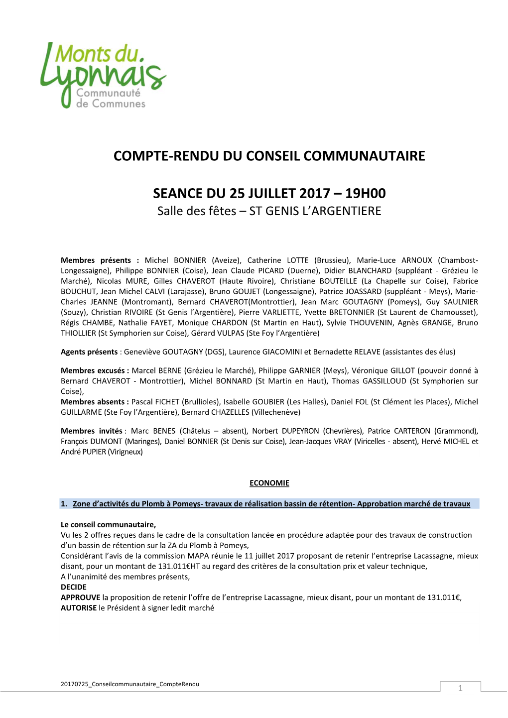 Compte-Rendu Du Conseil Communautaire Seance Du 25 Juillet