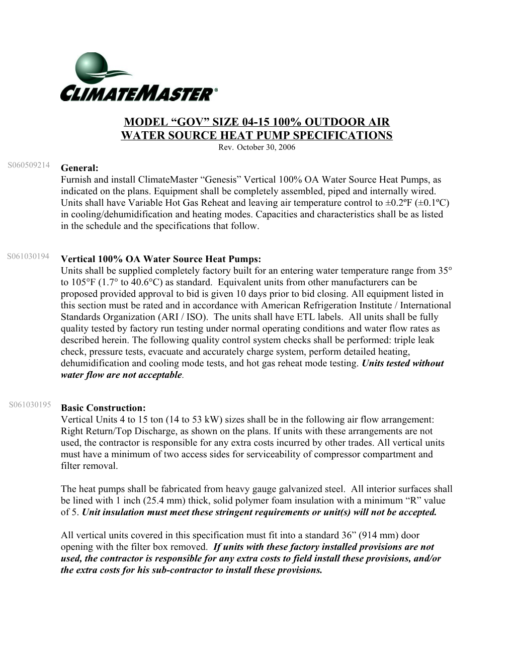 Gs Water Source Heat Pump Specifications s1