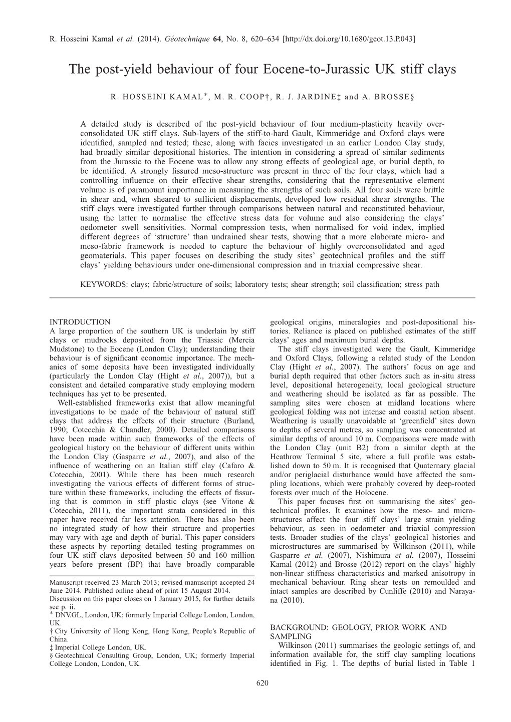 The Post-Yield Behaviour of Four Eocene-To-Jurassic UK Stiff Clays