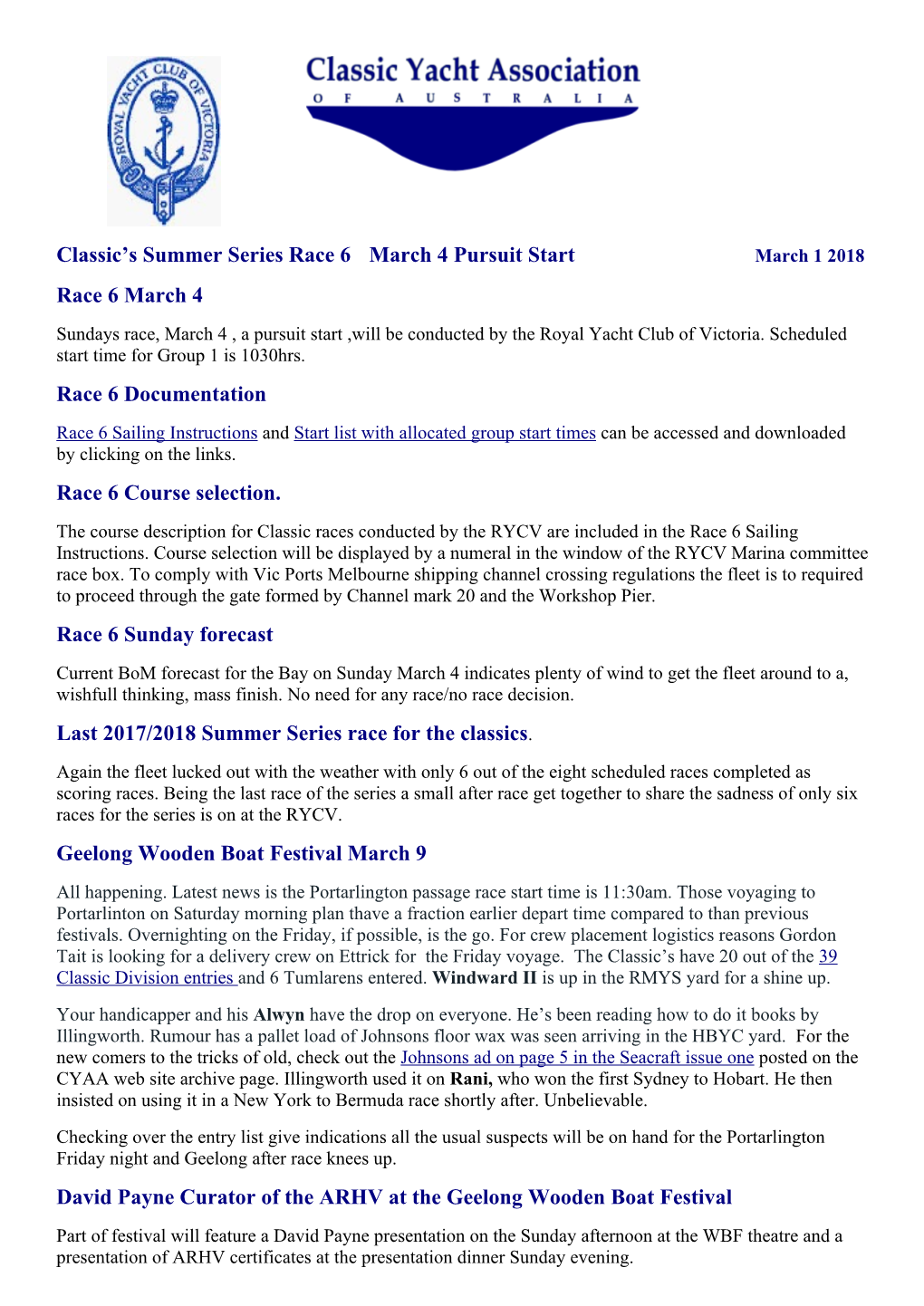 Race 6 March 4 RYYC Pre Race Notes