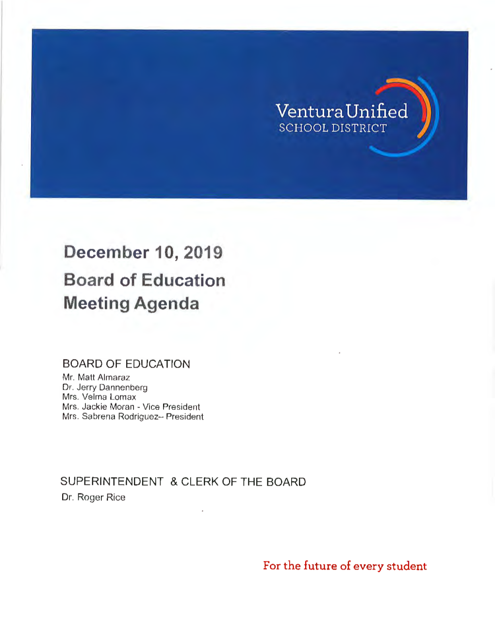 December 10, 2019 Board of Education Meeting Agenda