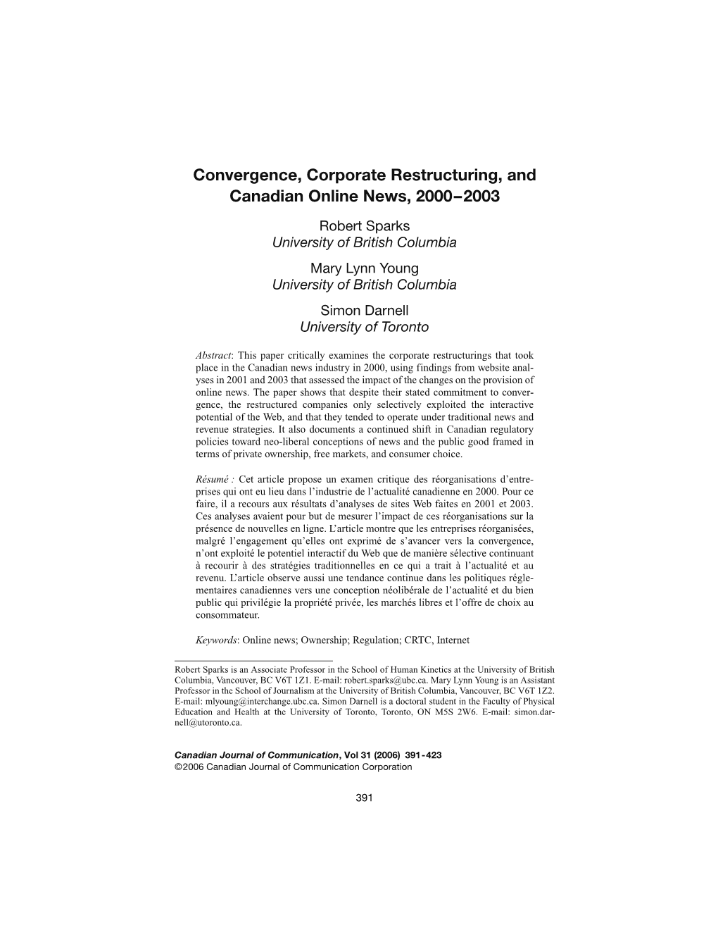 Convergence, Corporate Restructuring, and Canadian Online News, 2000–2003