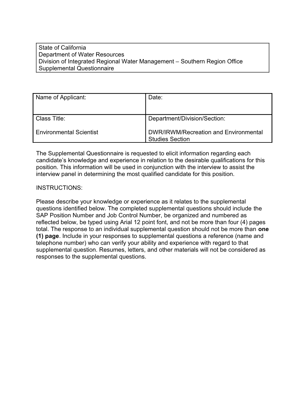 Supplemental Questionnaire Environmental Scientist