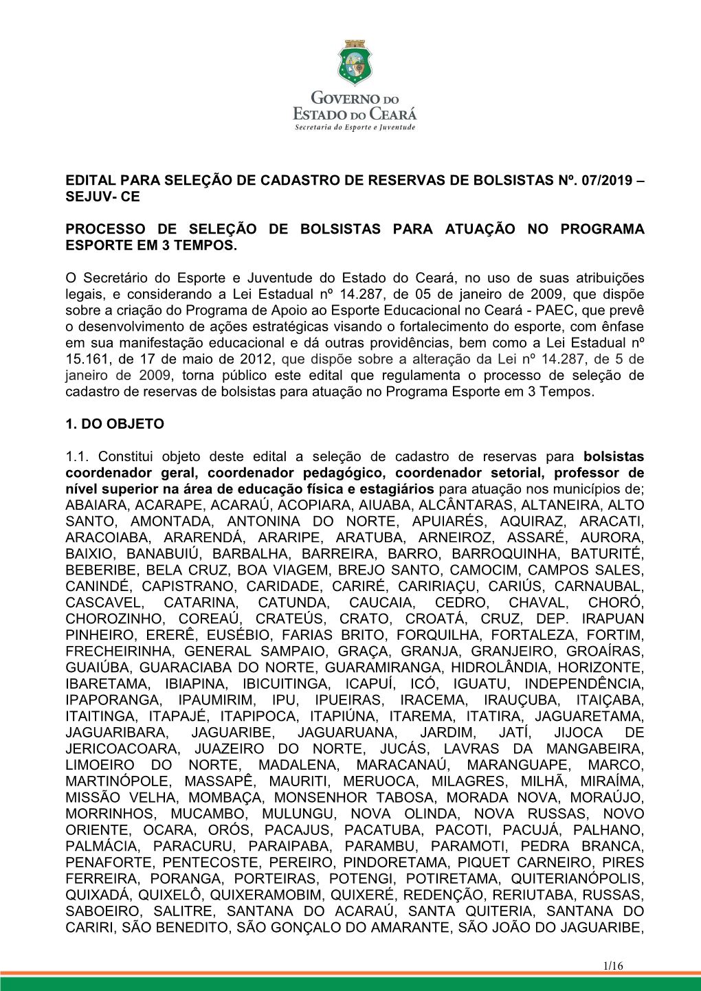 Edital Para Seleção De Cadastro De Reservas De Bolsistas Nº. 07/2019 – Sejuv- Ce