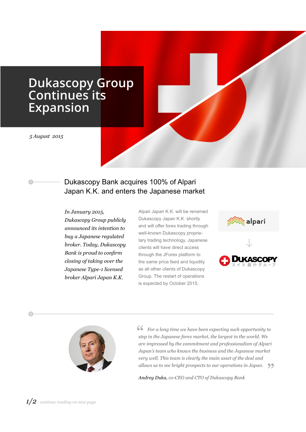 Dukascopy Bank Acquires Alpari Japan 2015