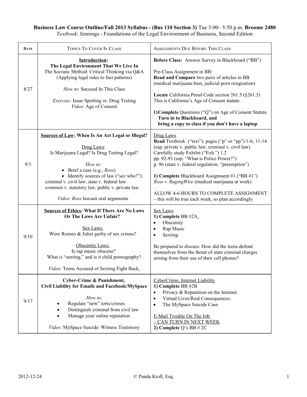 Business Law Course Outline, Fall 2008 (Bus 110 Sections 1 and 2) Syllabus Version 1