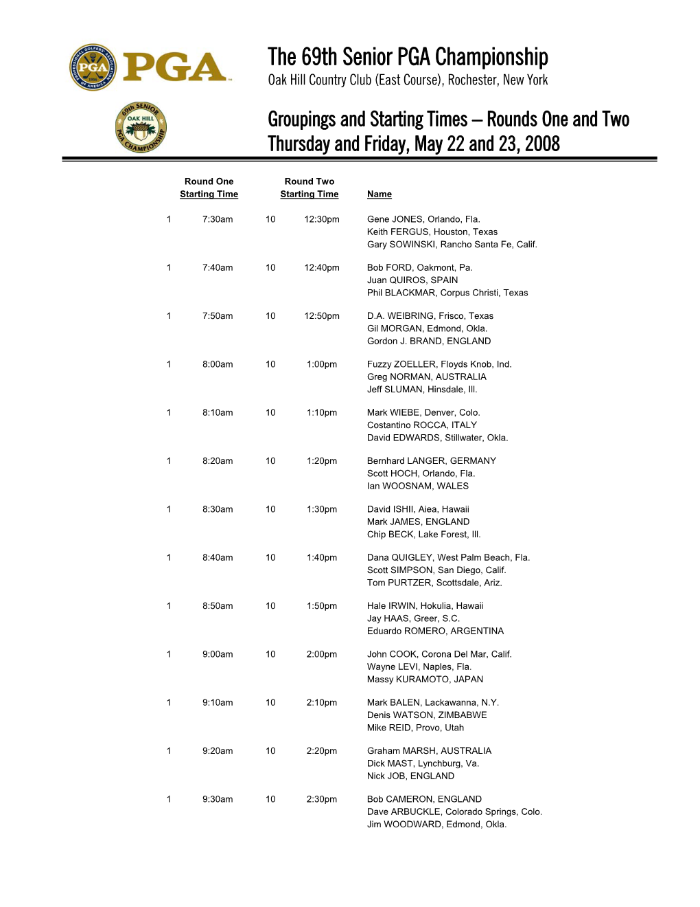 The 69Th Senior PGA Championship Oak Hill Country Club (East Course), Rochester, New York