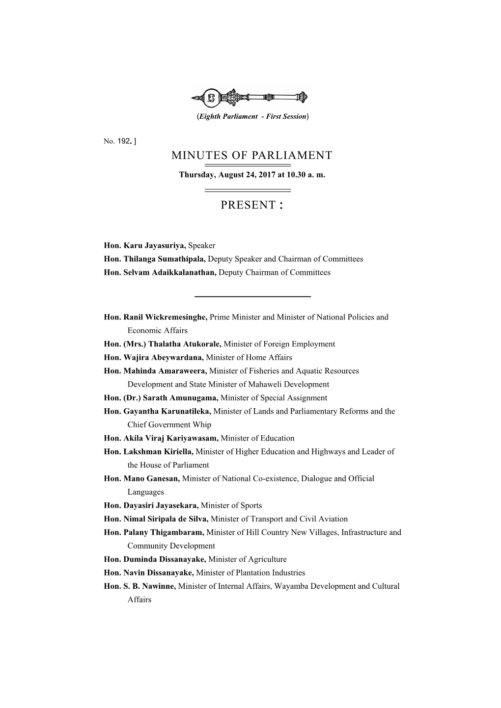 Minutes of Parliament Present