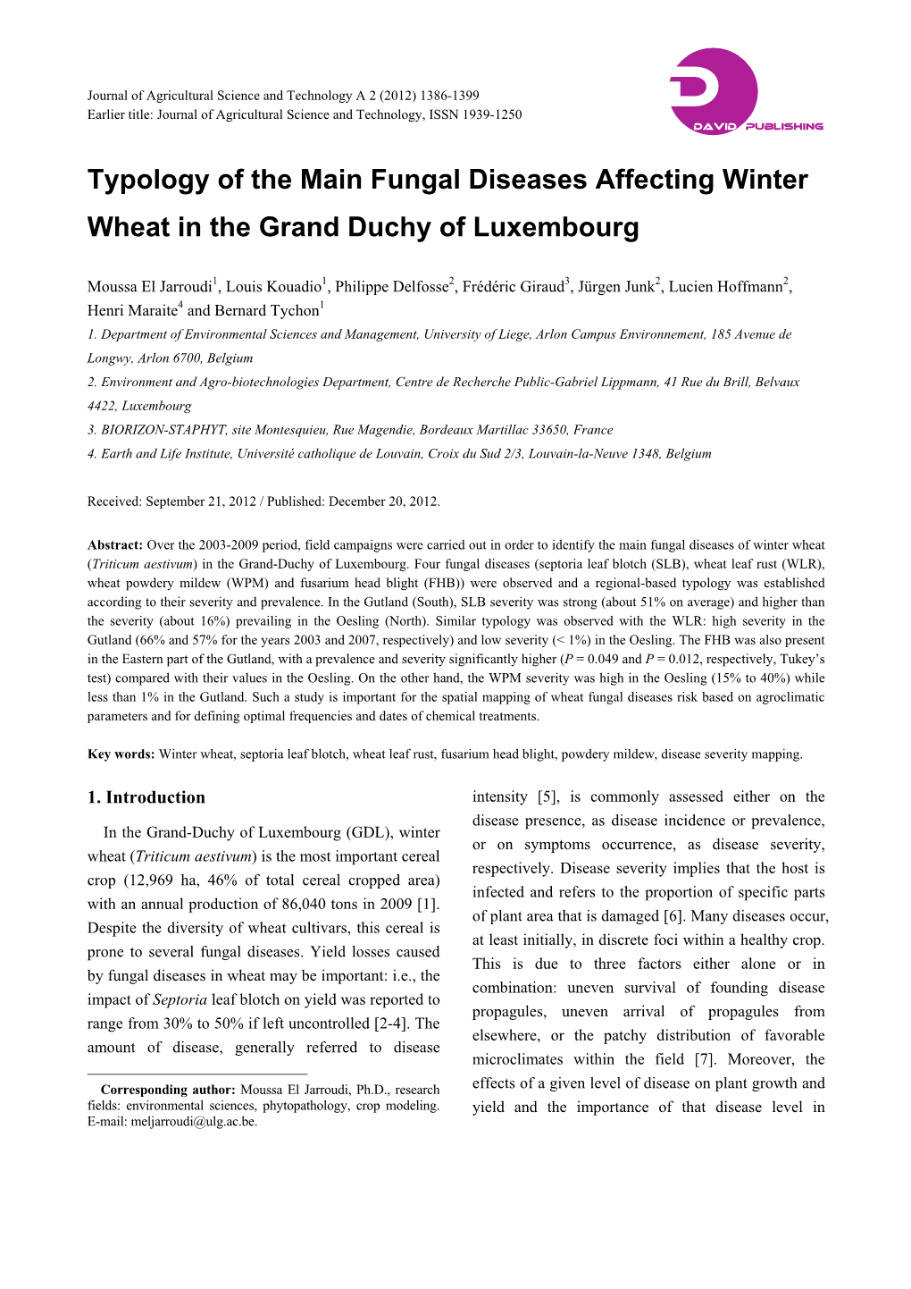 Typology of the Main Fungal Diseases Affecting Winter Wheat in the Grand Duchy of Luxembourg