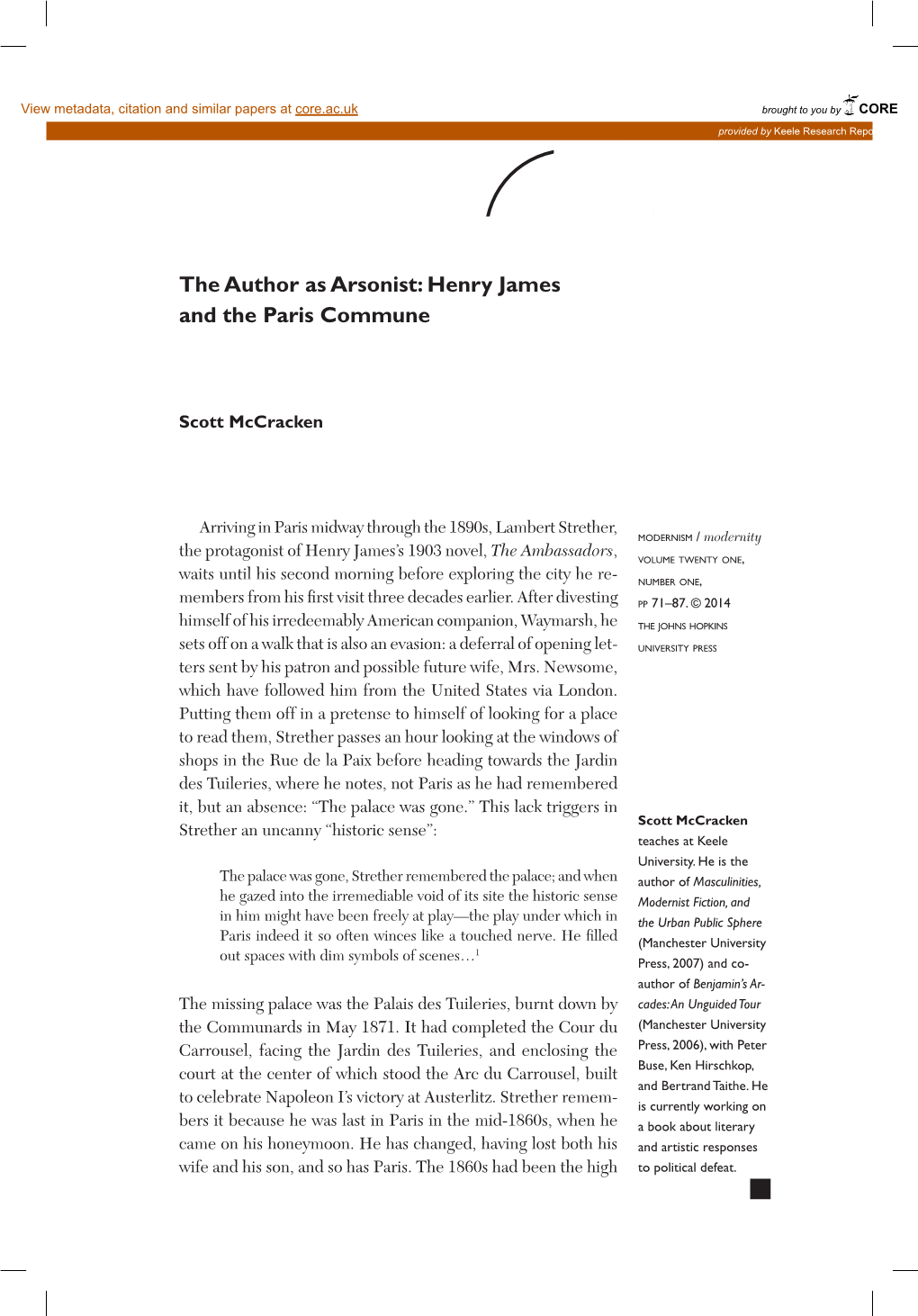 The Author As Arsonist: Henry James and the Paris Commune