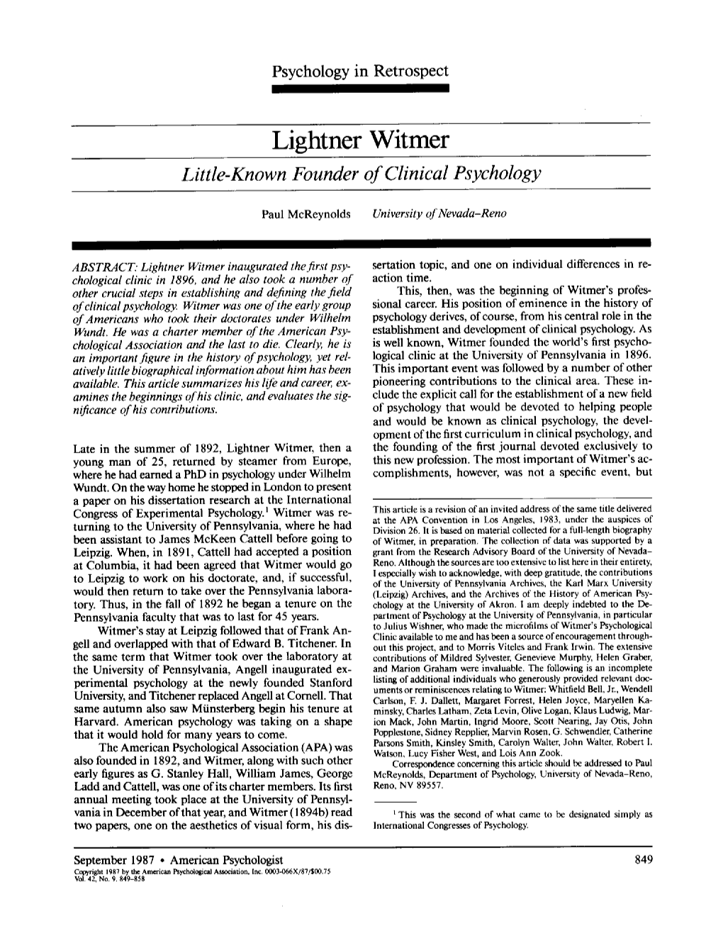 Lightner Witmer Little-Known Founder of Clinical Psychology