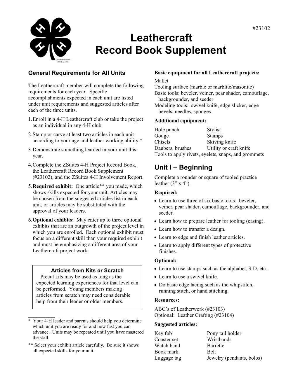 23102 Leathercraft Record Book Supplement