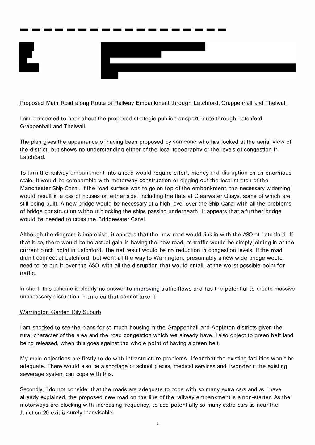 Proposed Main Road Along Route of Railway Embankment Through Latchford, Grappenhall and Thelwall