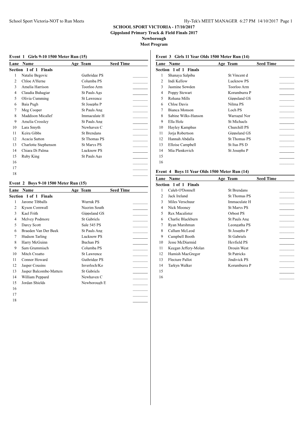 17/10/2017 Gippsland Primary Track & Field Finals 2017 Newborough Meet Program